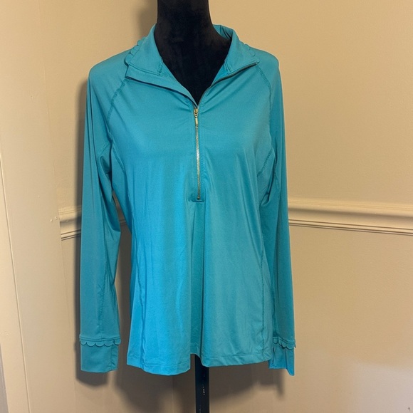 Crown & Ivy Sport Blue Quarter Zip Pullover Scallop Cuff Women’s Medium - Picture 2 of 10